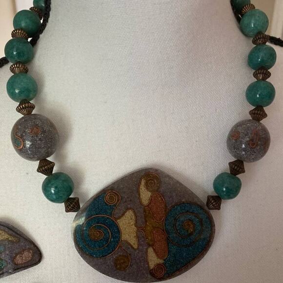 Agate and Malachite Necklace & Earrings Set with Sterling Clasp - Picture 3 of 4